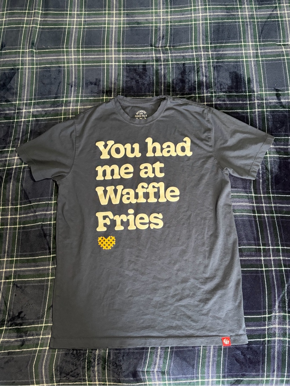 Greyish blue  "You had me at Waffle Fries" Chick-fil-A graphic tee. Size L.